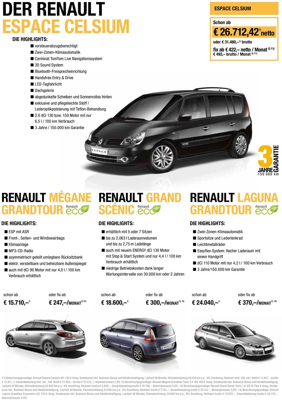 150 Motor mit nur 6,5 l / 100 km Verbrauch 3 Jahre / 150.000 km Garantie Espace Celsium 26.712,42 1) netto oder 31.