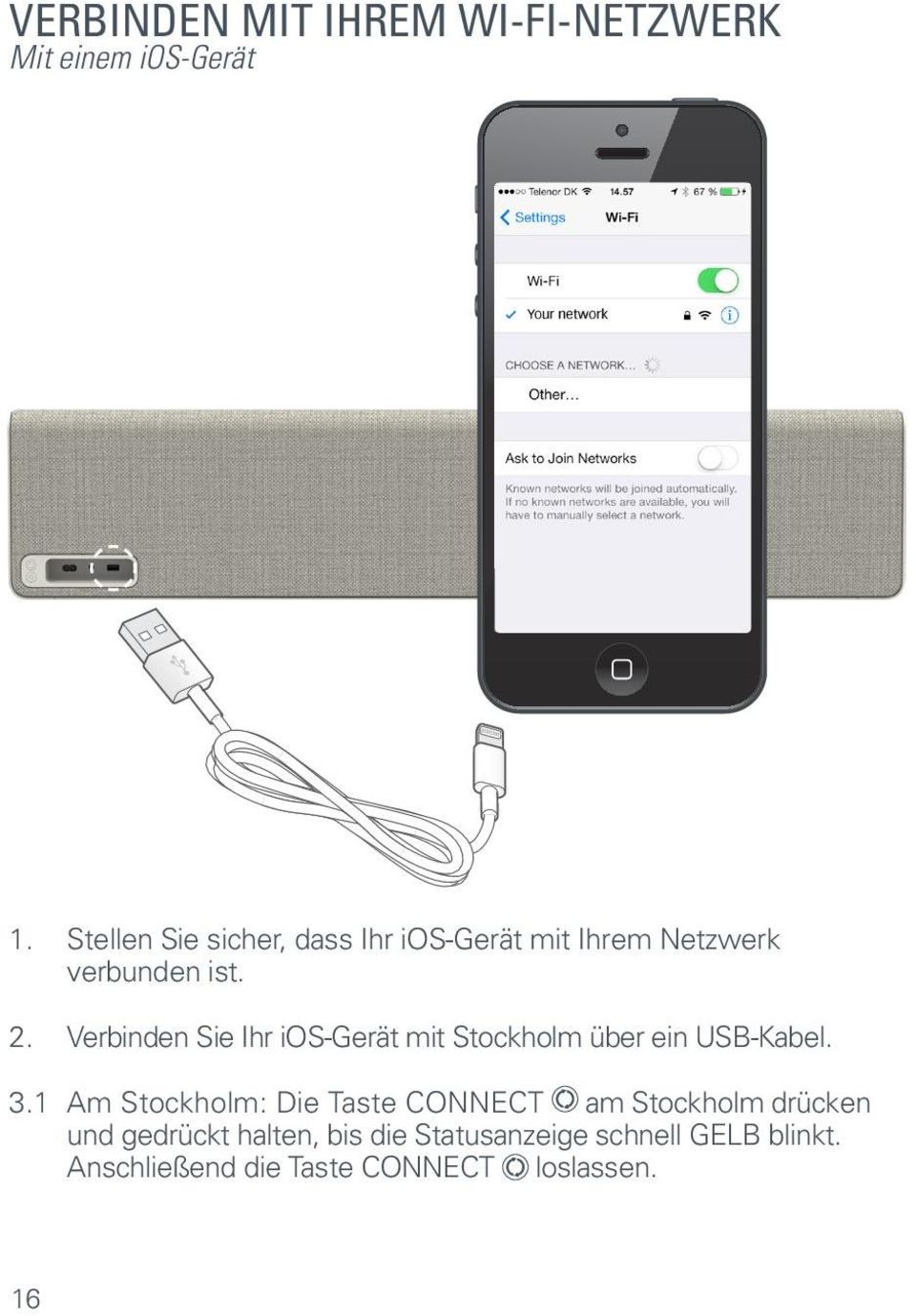 Verbinden Sie Ihr ios-gerät mit Stockholm über ein USB-Kabel. 3.