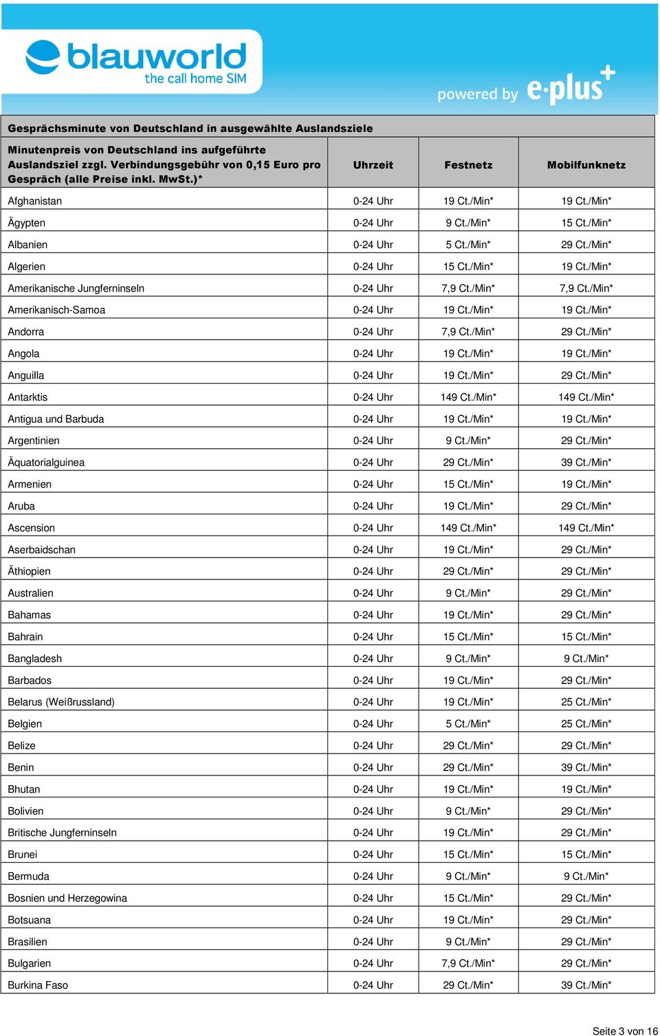 /Min* 7,9 Ct./Min* Amerikanisch-Samoa 0-24 Uhr 19 Ct./Min* 19 Ct./Min* Andorra 0-24 Uhr 7,9 Ct./Min* 29 Ct./Min* Angola 0-24 Uhr 19 Ct./Min* 19 Ct./Min* Anguilla 0-24 Uhr 19 Ct./Min* 29 Ct./Min* Antarktis 0-24 Uhr 149 Ct.
