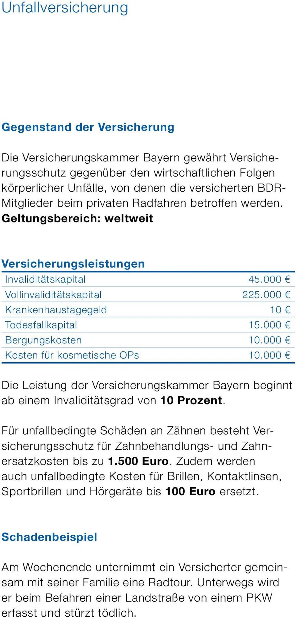 000 Krankenhaustagegeld 10 Todesfallkapital 15.000 Bergungskosten 10.000 Kosten für kosmetische OPs 10.000 Die Leistung der Versicherungskammer Bayern beginnt ab einem Invaliditätsgrad von 10 Prozent.