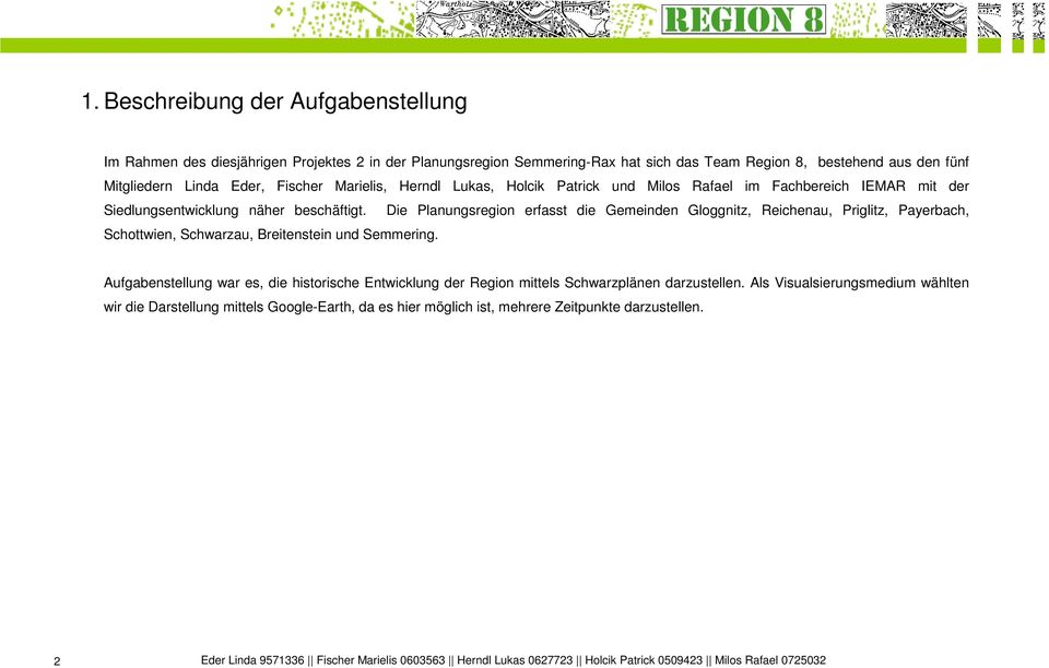 Die Planungsregion erfasst die Gemeinden Gloggnitz, Reichenau, Priglitz, Payerbach, Schottwien, Schwarzau, Breitenstein und Semmering.