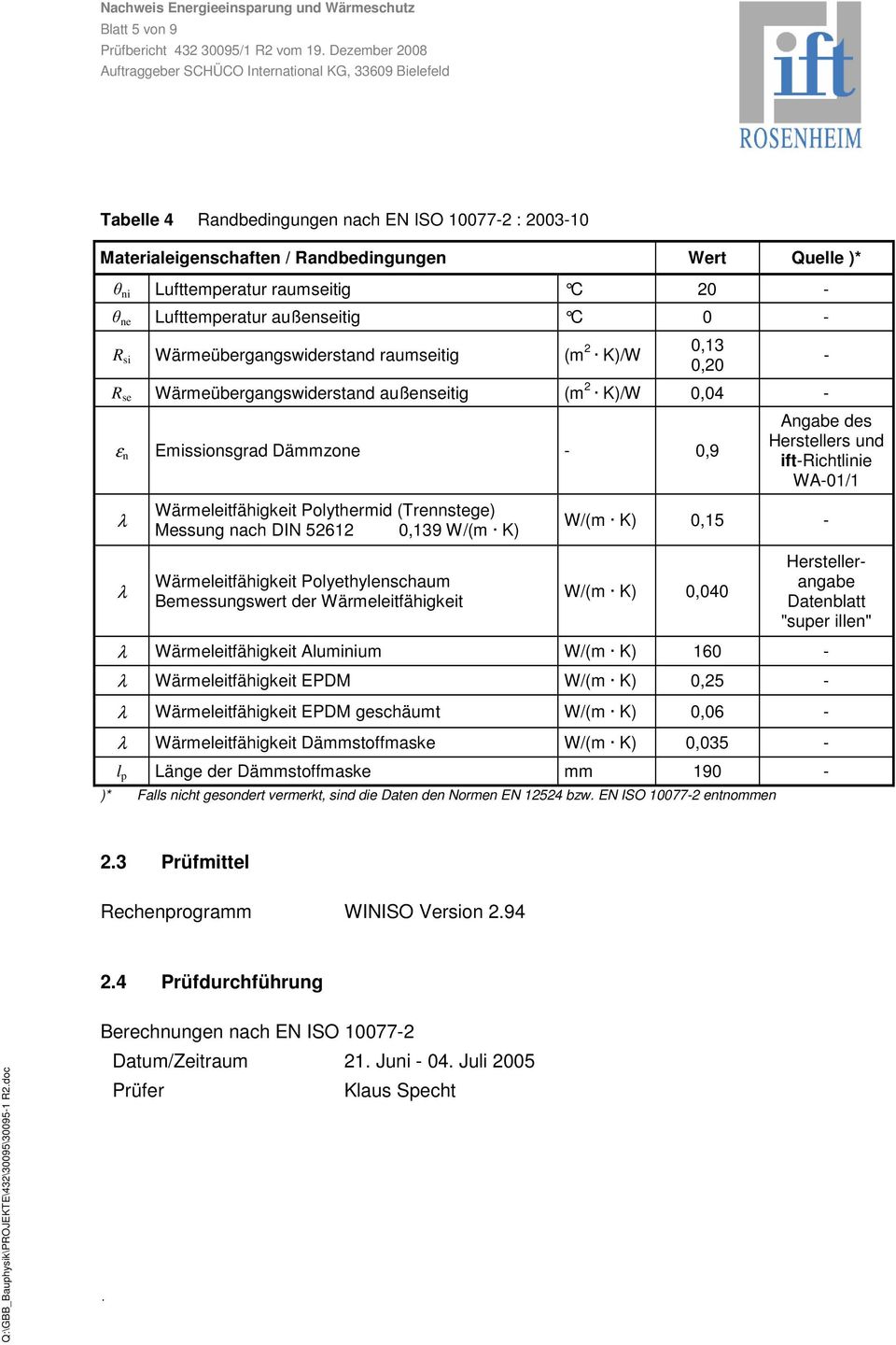 (Trennstege) Messung nach DIN 52612 0,139 W/(m K) Wärmeleitfähigkeit Polyethylenschaum Bemessungswert der Wärmeleitfähigkeit - Angabe des Herstellers und ift-richtlinie WA-01/1 W/(m K) 0,15 - W/(m K)