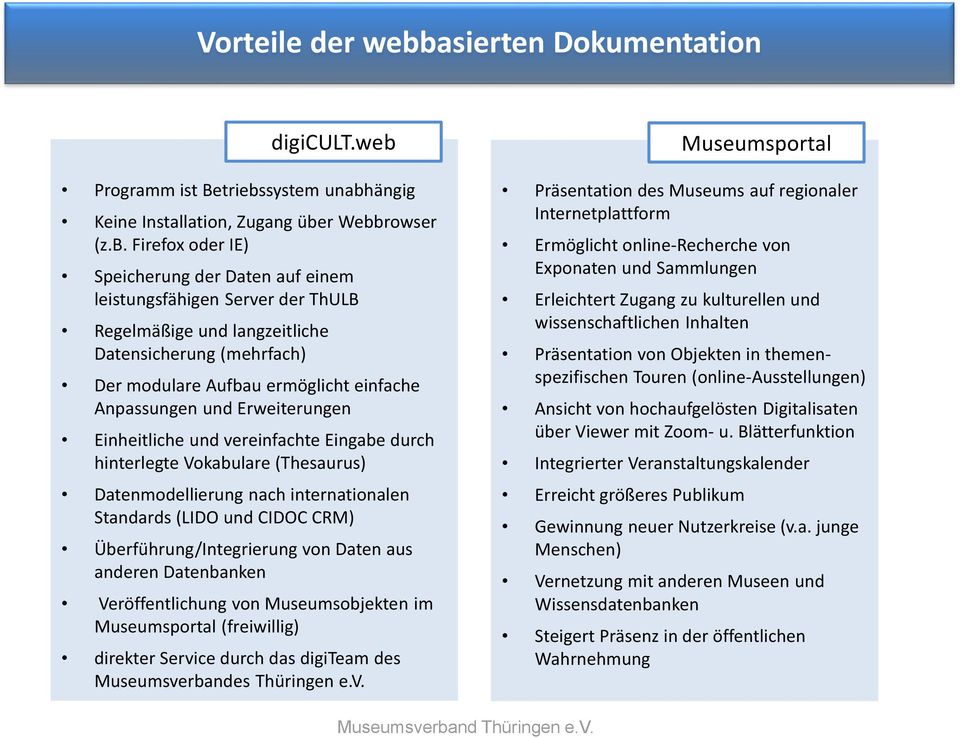 Standards (LIDO und CIDOC CRM) Überführung/Integrierung von Daten aus anderen Datenbanken Veröffentlichung von Museumsobjekten im Museumsportal (freiwillig) direkter Service durch das digiteam des