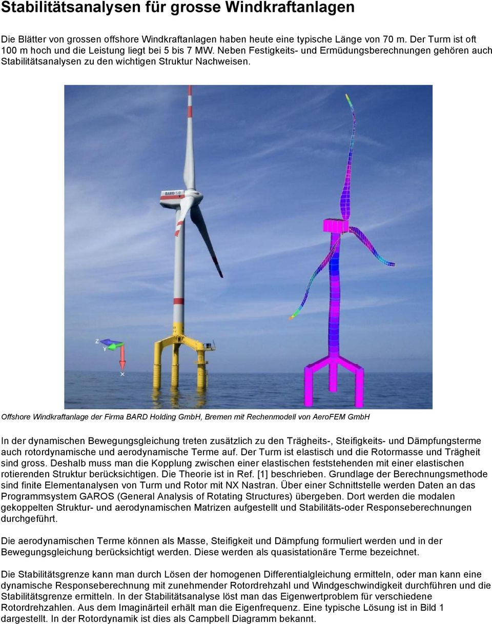 Offshore Windkraftanlage der Firma BARD Holding GmbH, Bremen mit Rechenmodell von AeroFEM GmbH In der dynamischen Bewegungsgleichung treten zusätzlich zu den Trägheits-, Steifigkeits- und