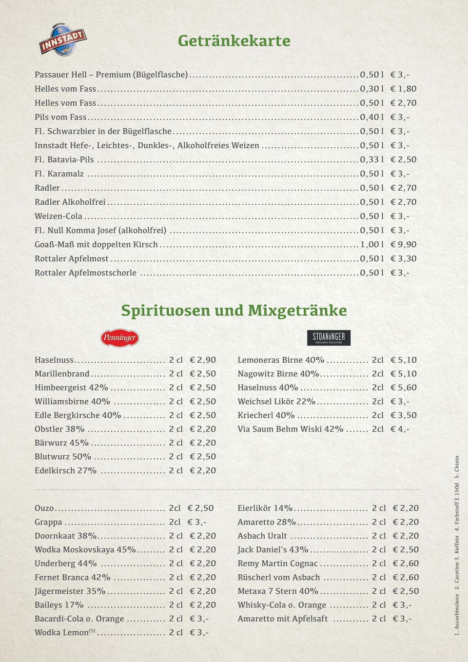 ..0,50 l 2,70 Weizen-Cola...0,50 l 3,- Fl. Null Komma Josef (alkoholfrei)...0,50 l 3,- Goaß-Maß mit doppelten Kirsch...1,00 l 9,90 Rottaler Apfelmost...0,50 l 3,30 Rottaler Apfelmostschorle.