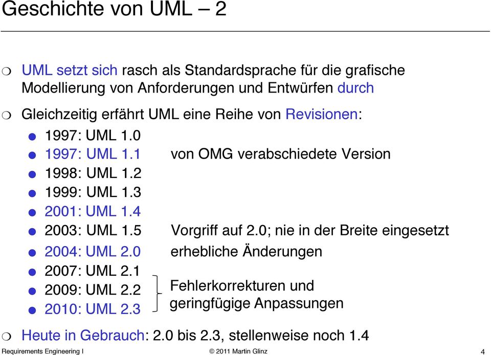 !von OMG verabschiedete Version!!Vorgriff auf 2.0; nie in der Breite eingesetzt! 2004: UML 2.0!!erhebliche Änderungen! 2007: UML 2.1!!! 2009: UML 2.