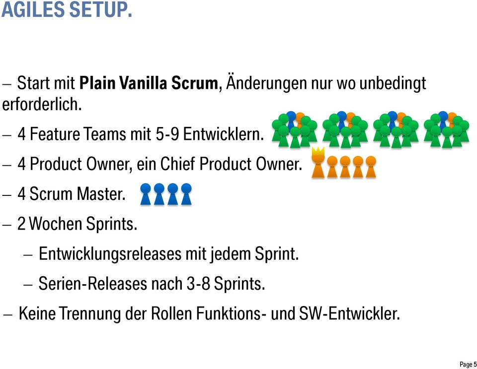 4 Feature Teams mit 5-9 Entwicklern. 4 Product Owner, ein Chief Product Owner.