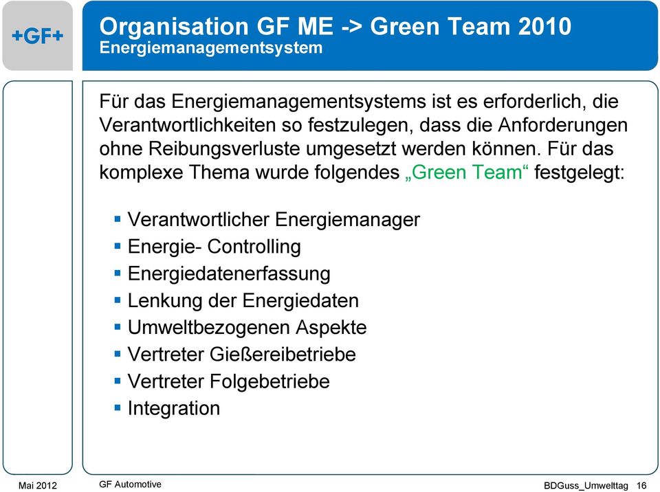 Für das komplexe Thema wurde folgendes Green Team festgelegt: Verantwortlicher Energiemanager Energie- Controlling