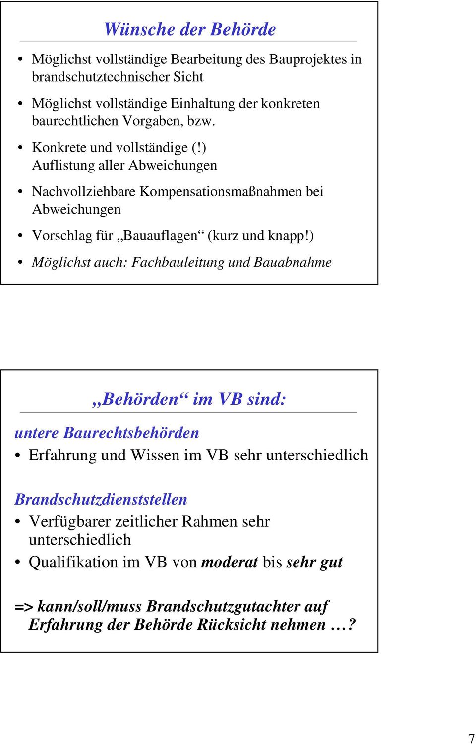 ) Auflistung aller Abweichungen Nachvollziehbare Kompensationsmaßnahmen bei Abweichungen Vorschlag für Bauauflagen (kurz und knapp!