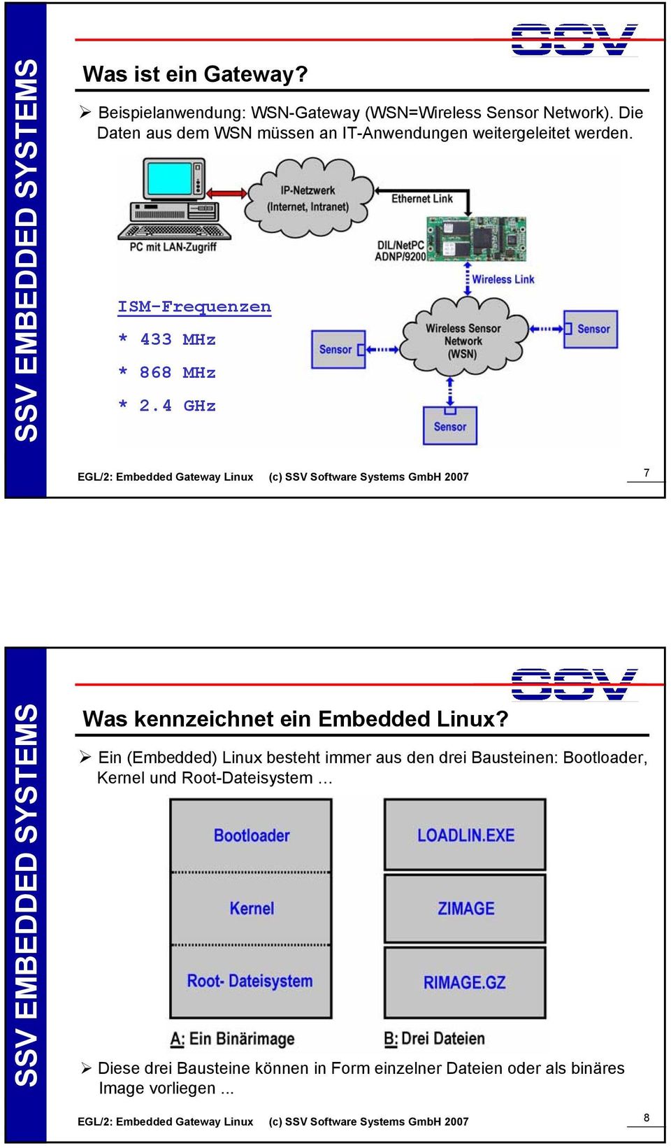 ISM-Frequenzen * 433 MHz * 868 MHz * 2.4 GHz 7 Was kennzeichnet ein Embedded Linux?