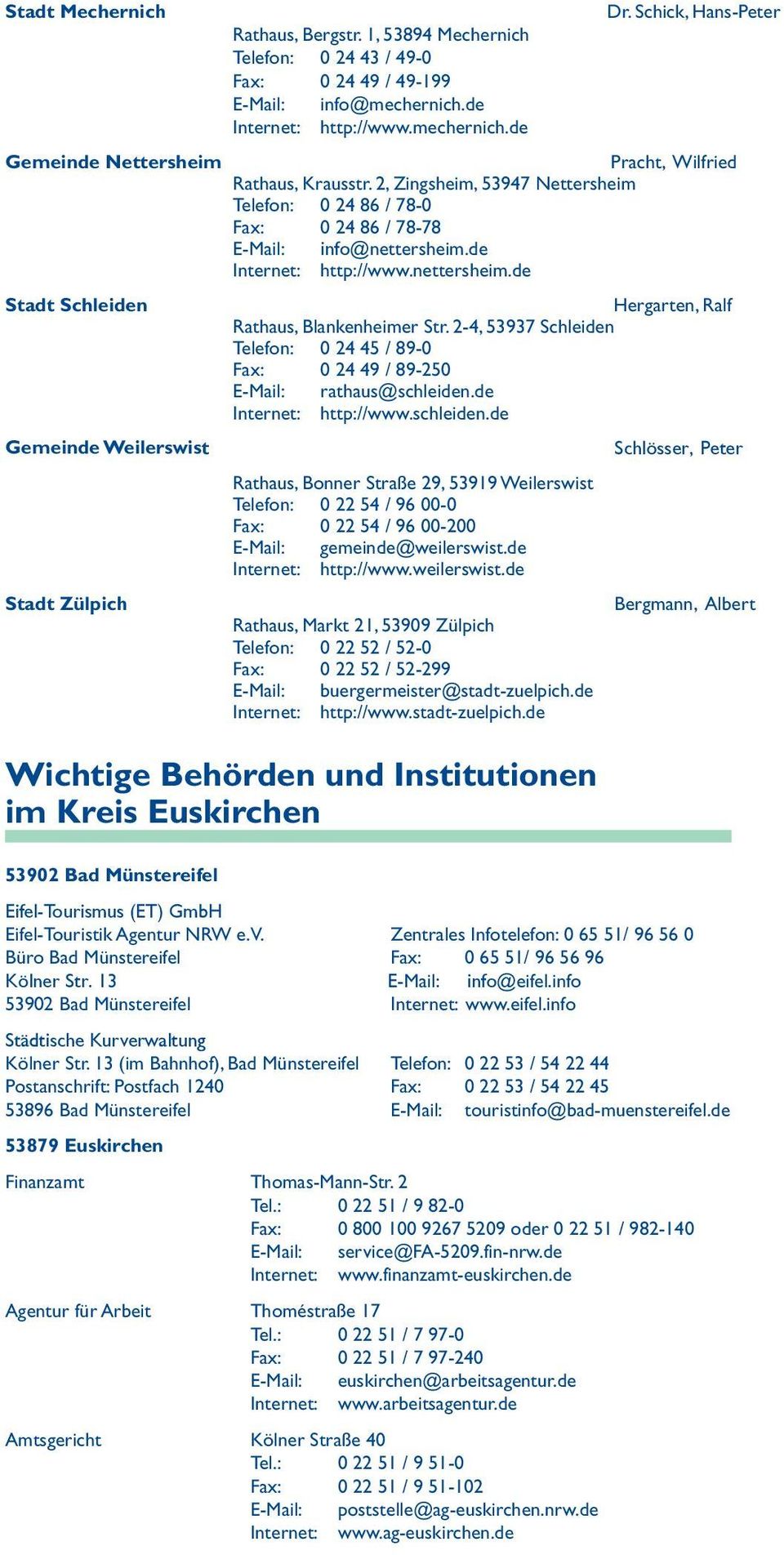 de Internet: http://www.nettersheim.de Stadt Schleiden Hergarten, Ralf Rathaus, Blankenheimer Str. 2-4, 53937 Schleiden Telefon: 0 24 45 / 89-0 Fax: 0 24 49 / 89-250 E-Mail: rathaus@schleiden.