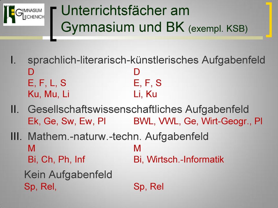 D D E, F, L, S E, F, S Ku, Mu, Li Li, Ku Gesellschaftswissenschaftliches Aufgabenfeld Ek,