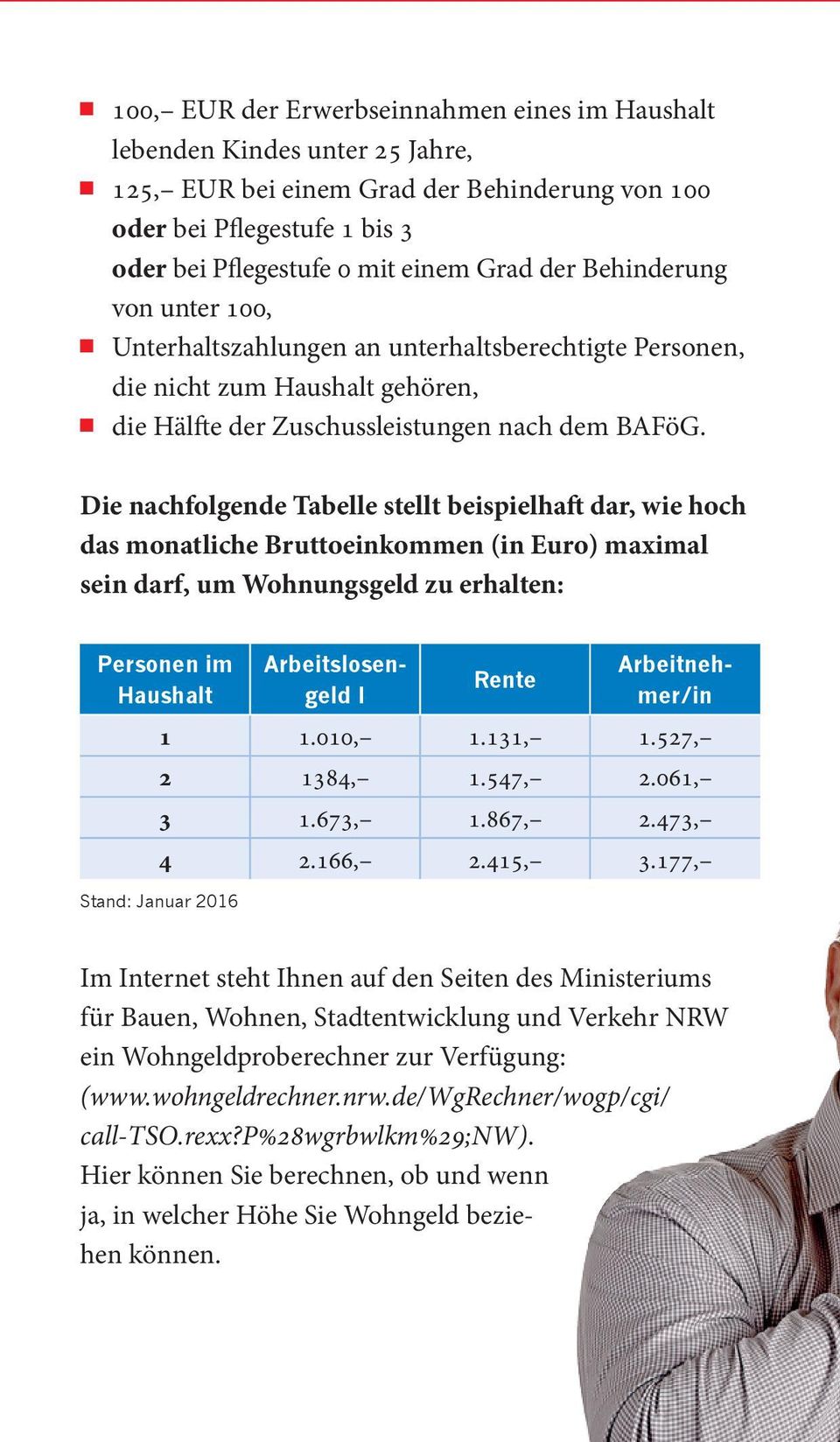 Die nachfolgende Tabelle stellt beispielhaft dar, wie hoch das monatliche Bruttoeinkommen (in Euro) maximal sein darf, um Wohnungsgeld zu erhalten: Personen im Haushalt Arbeitslosengeld I Rente