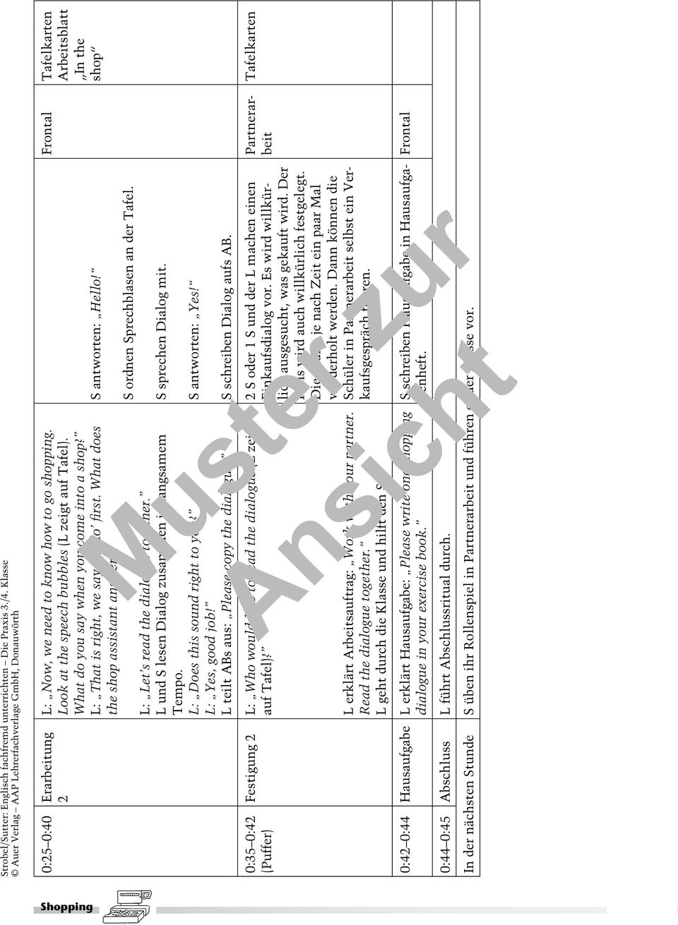 L: Yes, good job! L teilt ABs aus: Please copy the dialogue. Festigung 2 L: Who would like to read the dialogue (L zeigt auf Tafel)? L erklärt Arbeitsauftrag: Work with your partner.