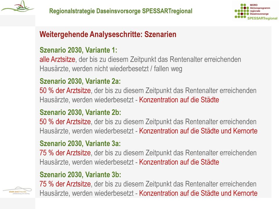 % der Arztsitze, der bis zu diesem Zeitpunkt das Rentenalter erreichenden Hausärzte, werden wiederbesetzt - Konzentration auf die Städte und Kernorte Szenario 2030, Variante 3a: 75 % der Arztsitze,