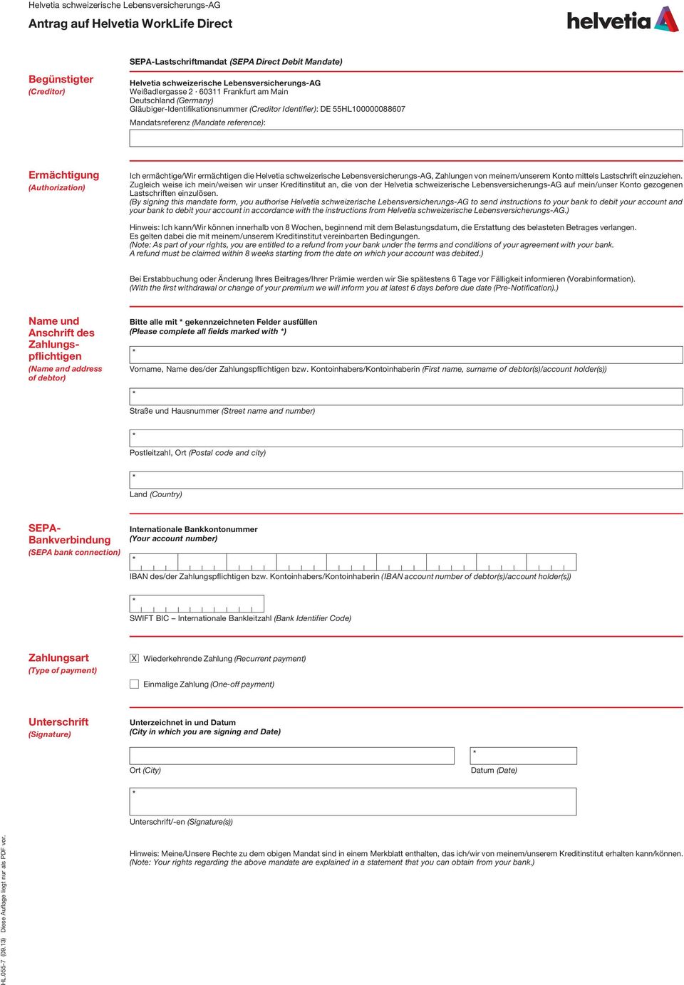 Helvetia schweizerische Lebensversicherungs-AG, Zahlungen von meinem/unserem Konto mittels Lastschrift einzuziehen.