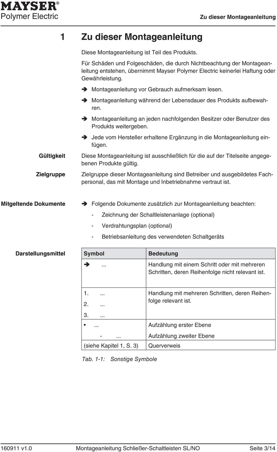 Gültigkeit Zielgruppe Montageanleitung vor Gebrauch aufmerksam lesen. Montageanleitung während der Lebensdauer des Produkts aufbewahren.