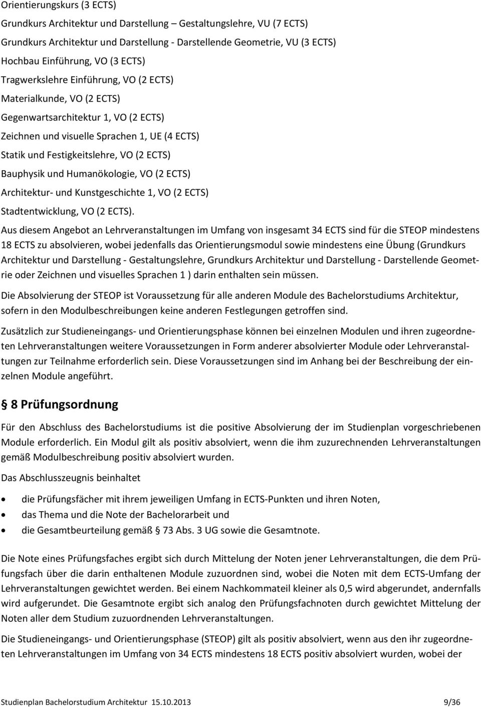 Bauphysik und Humanökologie, VO ( ECTS) Architektur und Kunstgeschichte 1, VO ( ECTS) Stadtentwicklung, VO ( ECTS).