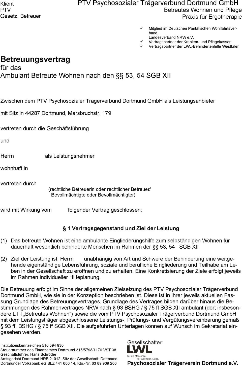 Betreuungsvertrag Fur Das Ambulant Betreute Wohnen Nach Den 53 54 Sgb Xii Pdf Free Download