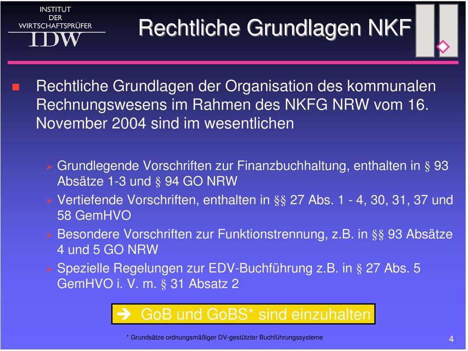 Vorschriften, enthalten in 27 Abs. 1-4, 30, 31, 37 und 58 GemHVO Besondere Vorschriften zur Funktionstrennung, z.b. in 93 Absätze 4 und 5 GO NRW Spezielle Regelungen zur EDV-Buchführung z.