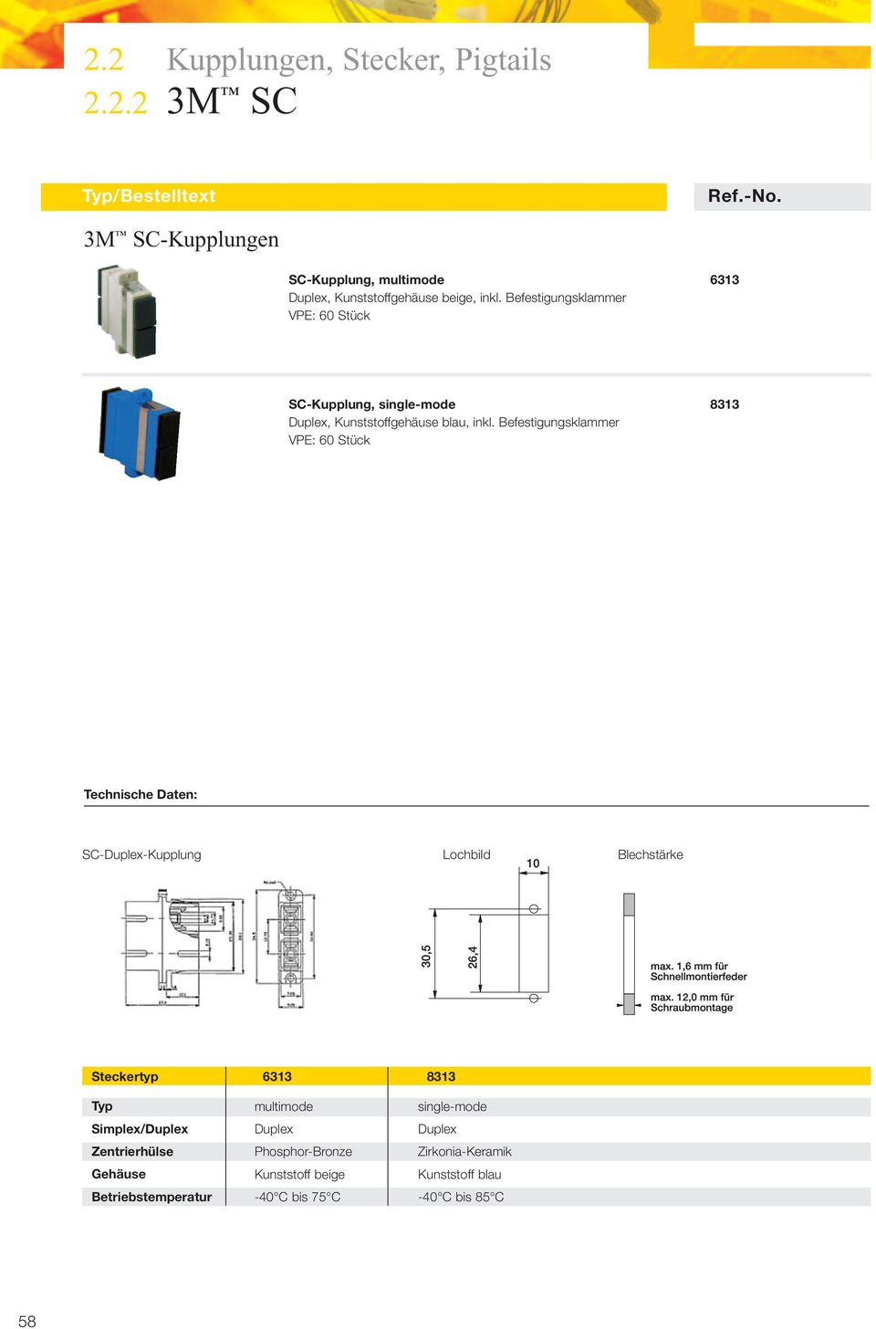 Befestigungsklammer Technische Daten: SC-Duplex-Kupplung Lochbild Blechstärke Steckertyp 6313 8313 Typ Simplex/Duplex