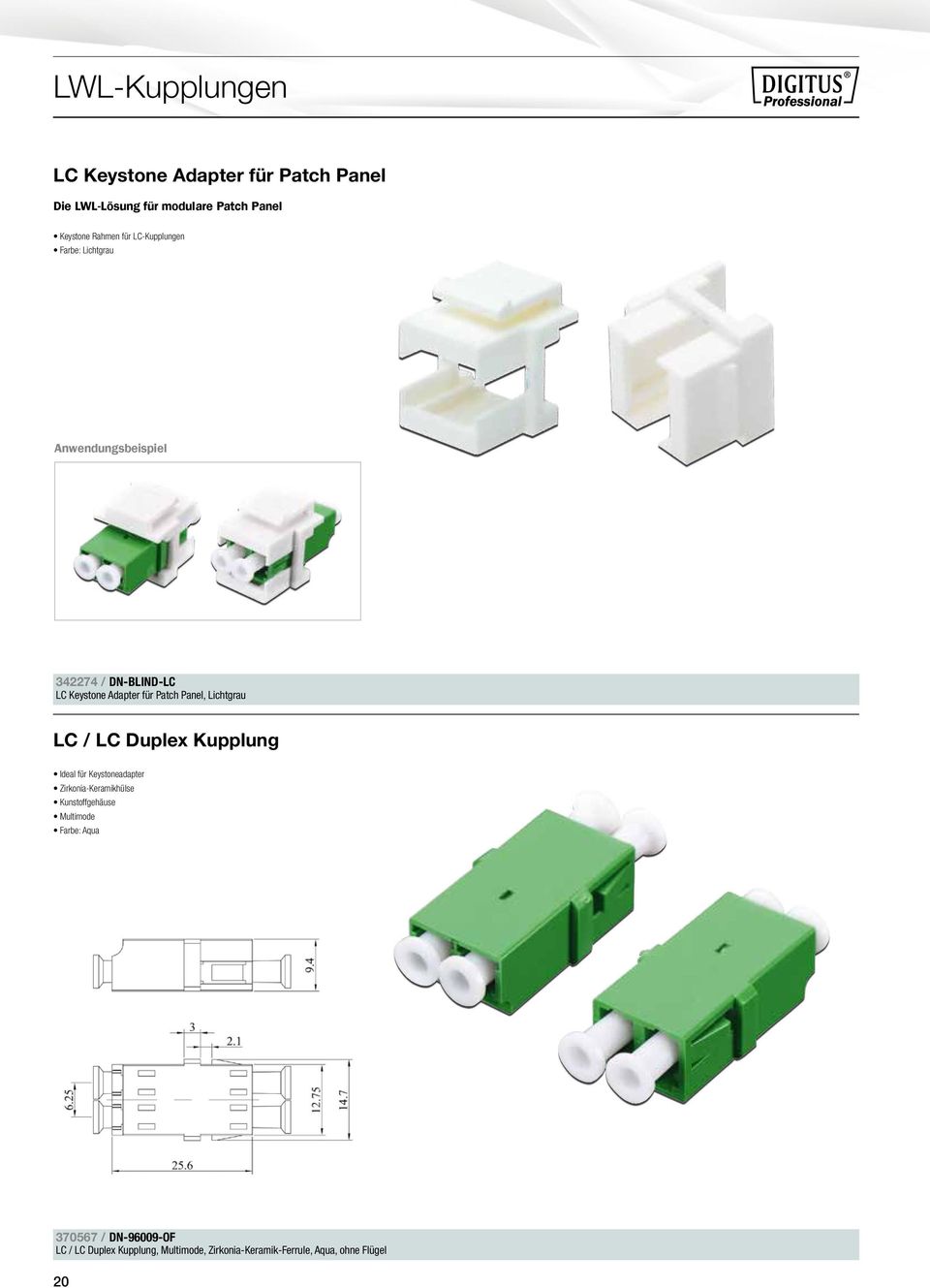 Lichtgrau LC / LC Duplex Kupplung Ideal für Keystoneadapter Zirkonia-Keramikhülse Kunstoffgehäuse Multimode