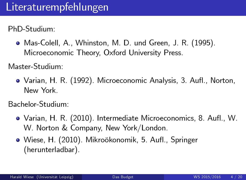, Norton, New York. Bachelor-Studium: Varian, H. R. (2010). Intermediate Microeconomics, 8. Au., W.