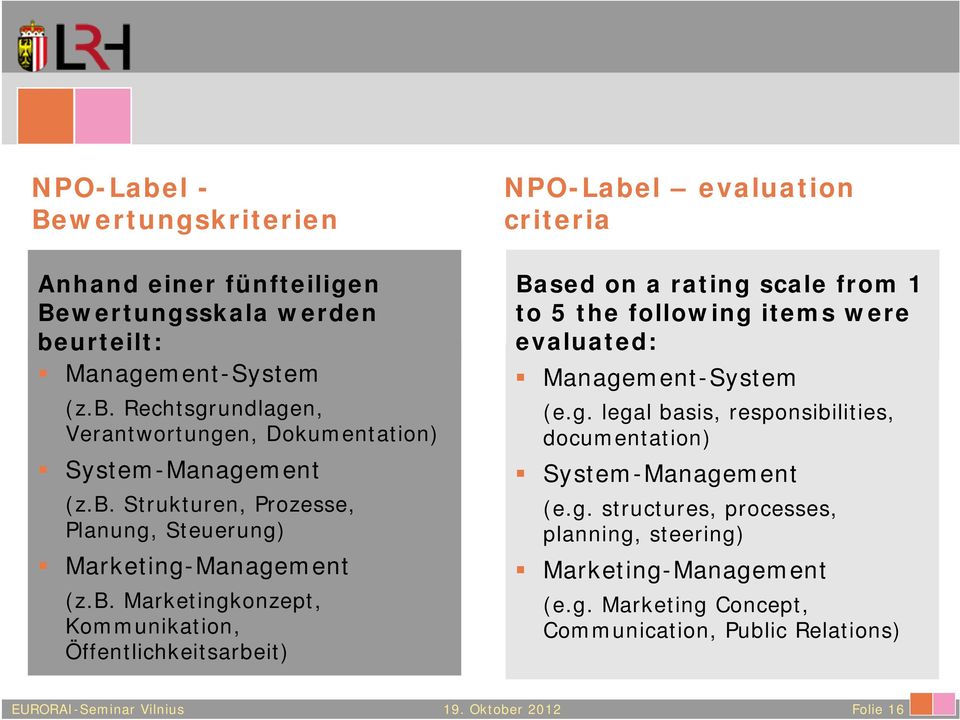 Based on a rating scale from 1 to 5 the following items were evaluated: Management-System (e.g. legal basis, responsibilities, documentation) System-Management (e.