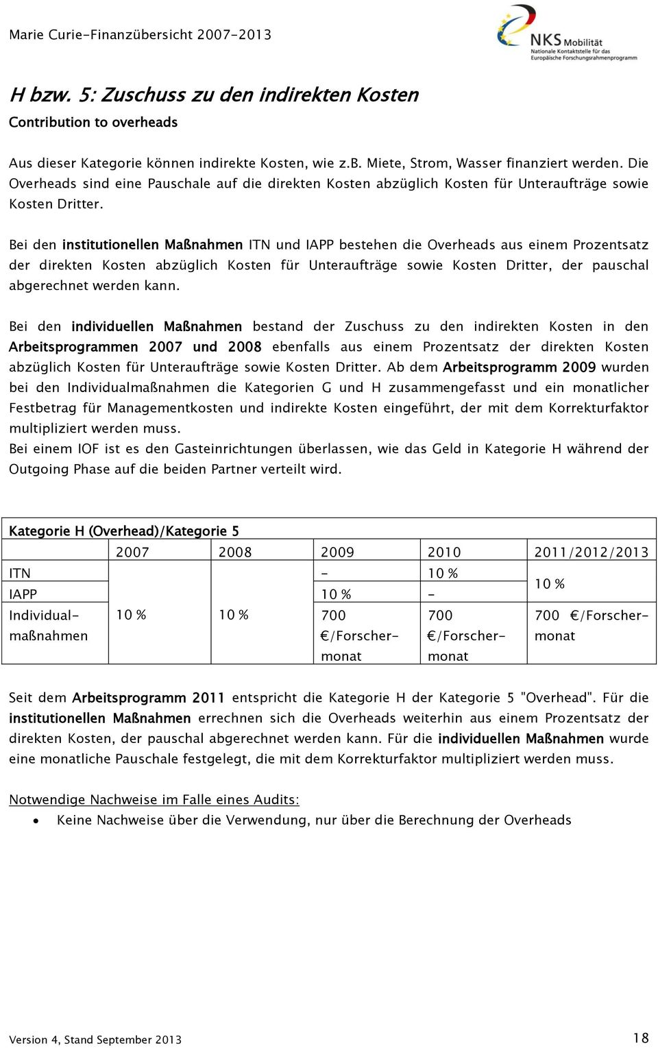 Bei den institutionellen Maßnahmen ITN und IAPP bestehen die Overheads aus einem Prozentsatz der direkten Kosten abzüglich Kosten Unteraufträge sowie Kosten Dritter, der pauschal abgerechnet werden