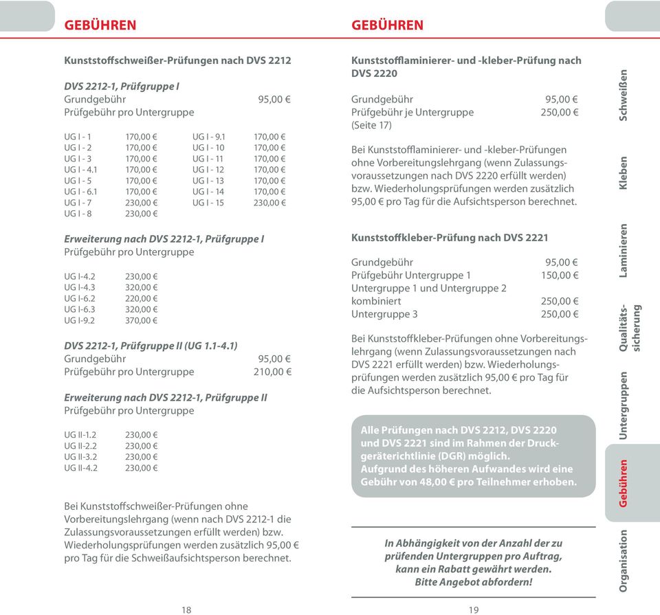 1 170,00 UG I - 14 170,00 UG I - 7 230,00 UG I - 15 230,00 UG I - 8 230,00 Erweiterung nach DVS 2212-1, Prüfgruppe I Prüfgebühr pro Untergruppe UG I-4.2 230,00 UG I-4.3 320,00 UG I-6.2 220,00 UG I-6.