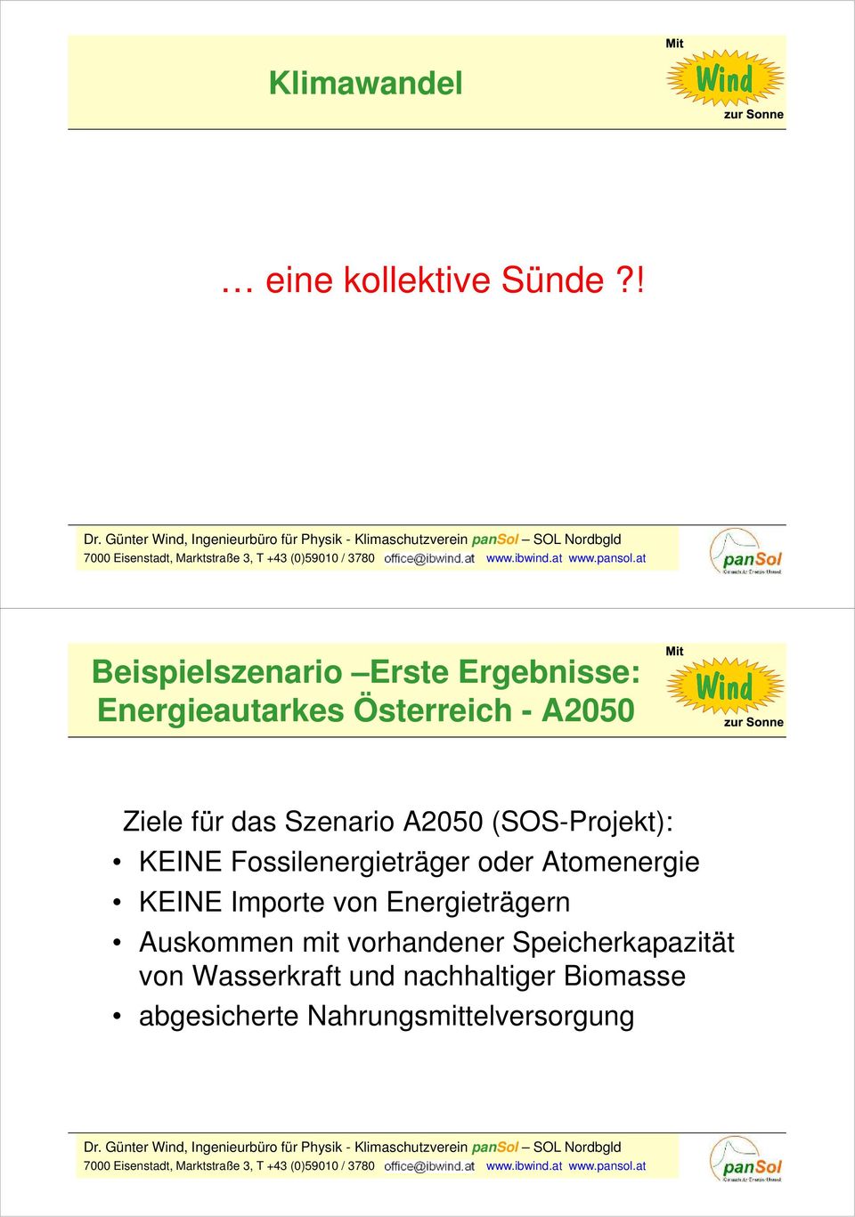 Szenario A2050 (SOS-Projekt): KEINE Fossilenergieträger oder Atomenergie KEINE Importe