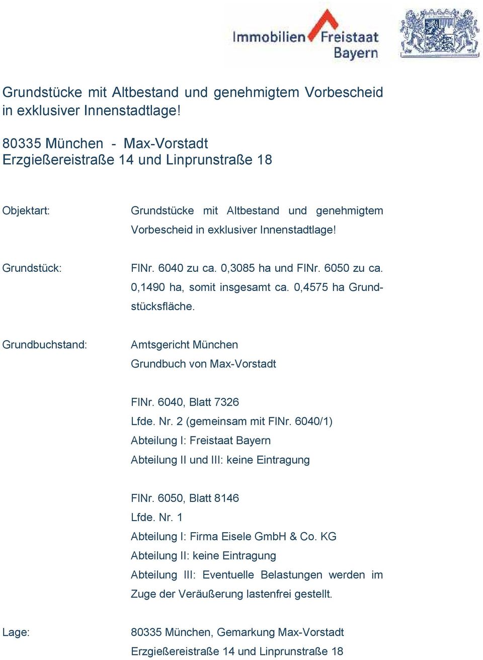 0,4575 ha Grundstücksfläche. Grundbuchstand: Amtsgericht München Grundbuch von Max-Vorstadt FlNr. 6040, Blatt 7326 Lfde. Nr. 2 (gemeinsam mit FlNr.