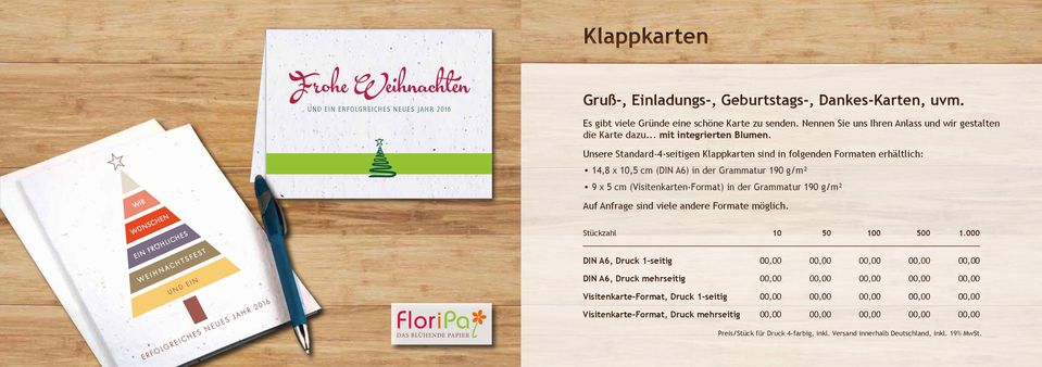 Unsere Standard-4-seitigen Klappkarten sind in folgenden Formaten erhältlich: 14,8 x 10,5 cm (DIN A6) in der Grammatur 190 g/m² 9 x 5 cm (Visitenkarten-Format) in der Grammatur 190 g/m² WIR WÜNSCHEN