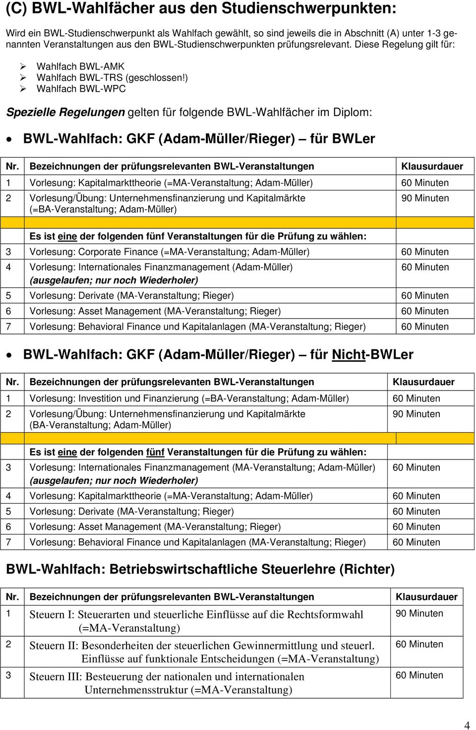) Wahlfach BWL-WPC Spezielle Regelungen gelten für folgende BWL-Wahlfächer im Diplom: BWL-Wahlfach: GKF (Adam-Müller/Rieger) für BWLer 1 Vorlesung: Kapitalmarkttheorie (=MA-Veranstaltung;