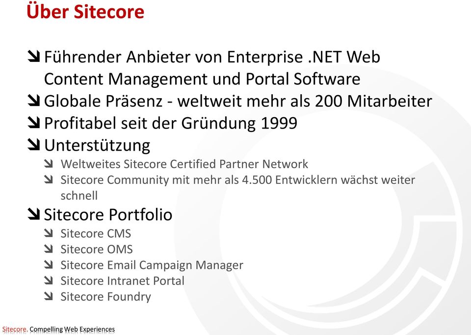Profitabel seit der Gründung 1999 Unterstützung Weltweites Sitecore Certified Partner Network Sitecore