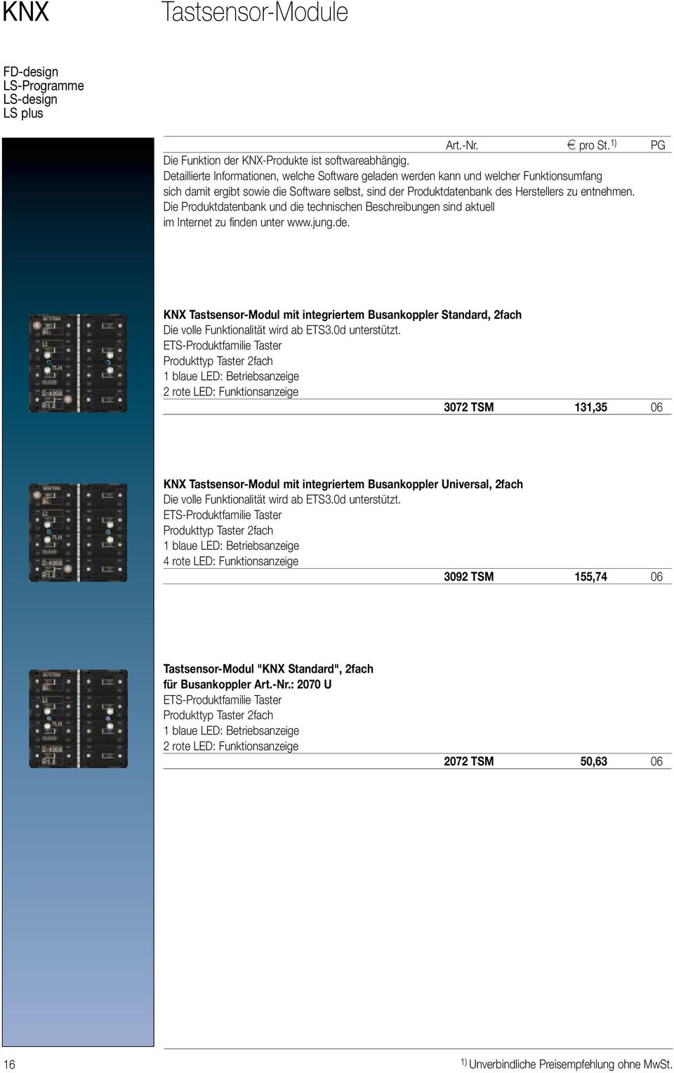 Die Produktdatenbank und die technischen Beschreibungen sind aktuell im Internet zu finden unter www.jung.de. KNX Tastsensor-Modul mit integriertem Busankoppler Standard, 2fach Die volle Funktionalität wird ab ETS3.