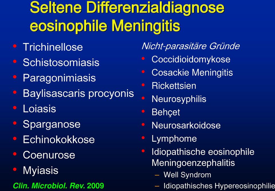 2009 Nicht-parasitäre Gründe Coccidioidomykose Cosackie Meningitis Rickettsien Neurosyphilis Behçet