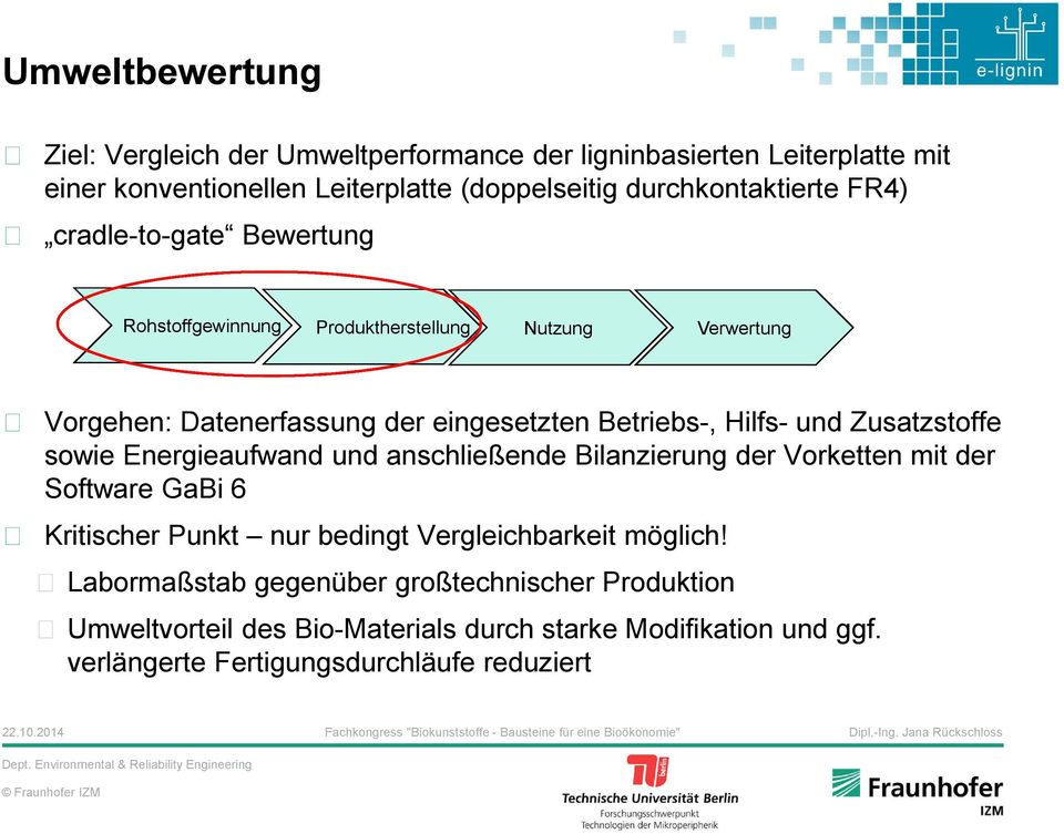 Hilfs- und Zusatzstoffe sowie Energieaufwand und anschließende Bilanzierung der Vorketten mit der Software GaBi 6 Kritischer Punkt nur bedingt