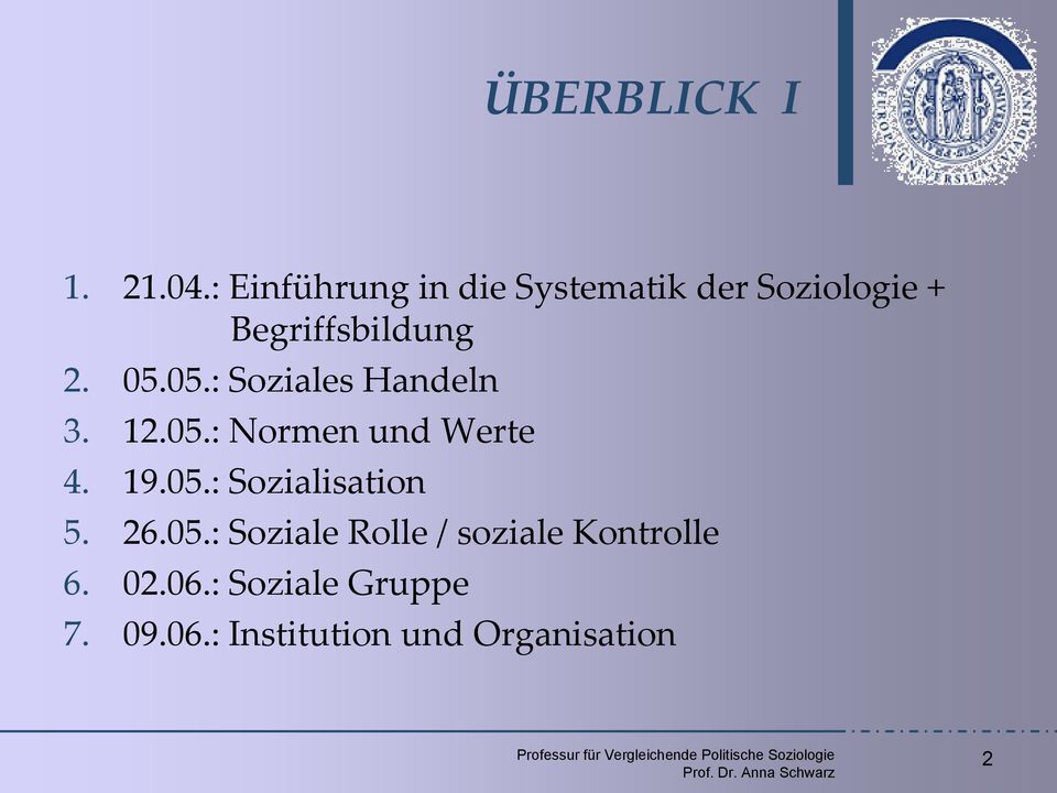 05.: Soziales Handeln 3. 12.05.: Normen und Werte 4. 19.05.: Sozialisation 5.