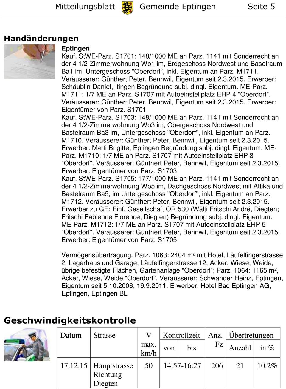 Veräusserer: Günthert Peter, Bennwil, Eigentum seit 2.3.2015. Erwerber: Schäublin Daniel, Itingen Begründung subj. dingl. Eigentum. ME-Parz. M1711: 1/7 ME an Parz.
