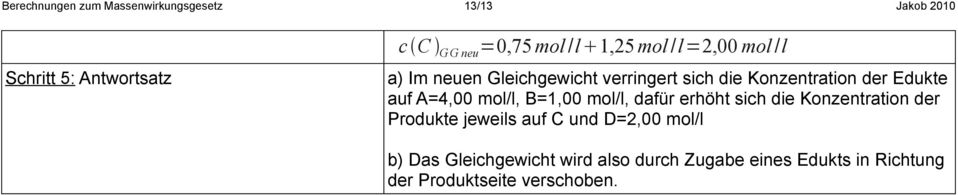 A=4,00 mol/l, B=1,00 mol/l, dafür erhöht sich die Konzentration der Produkte jeweils auf C und D=2,00