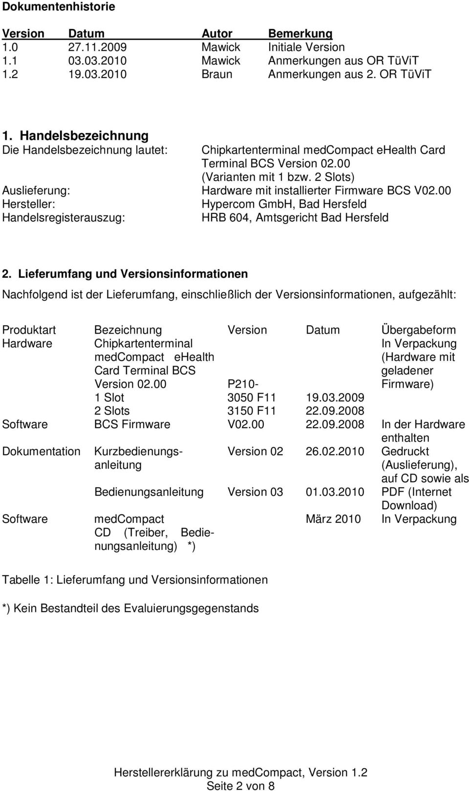 2 Slots) Auslieferung: Hardware mit installierter Firmware BCS V02.00 Hersteller: Hypercom GmbH, Bad Hersfeld Handelsregisterauszug: HRB 604, Amtsgericht Bad Hersfeld 2.