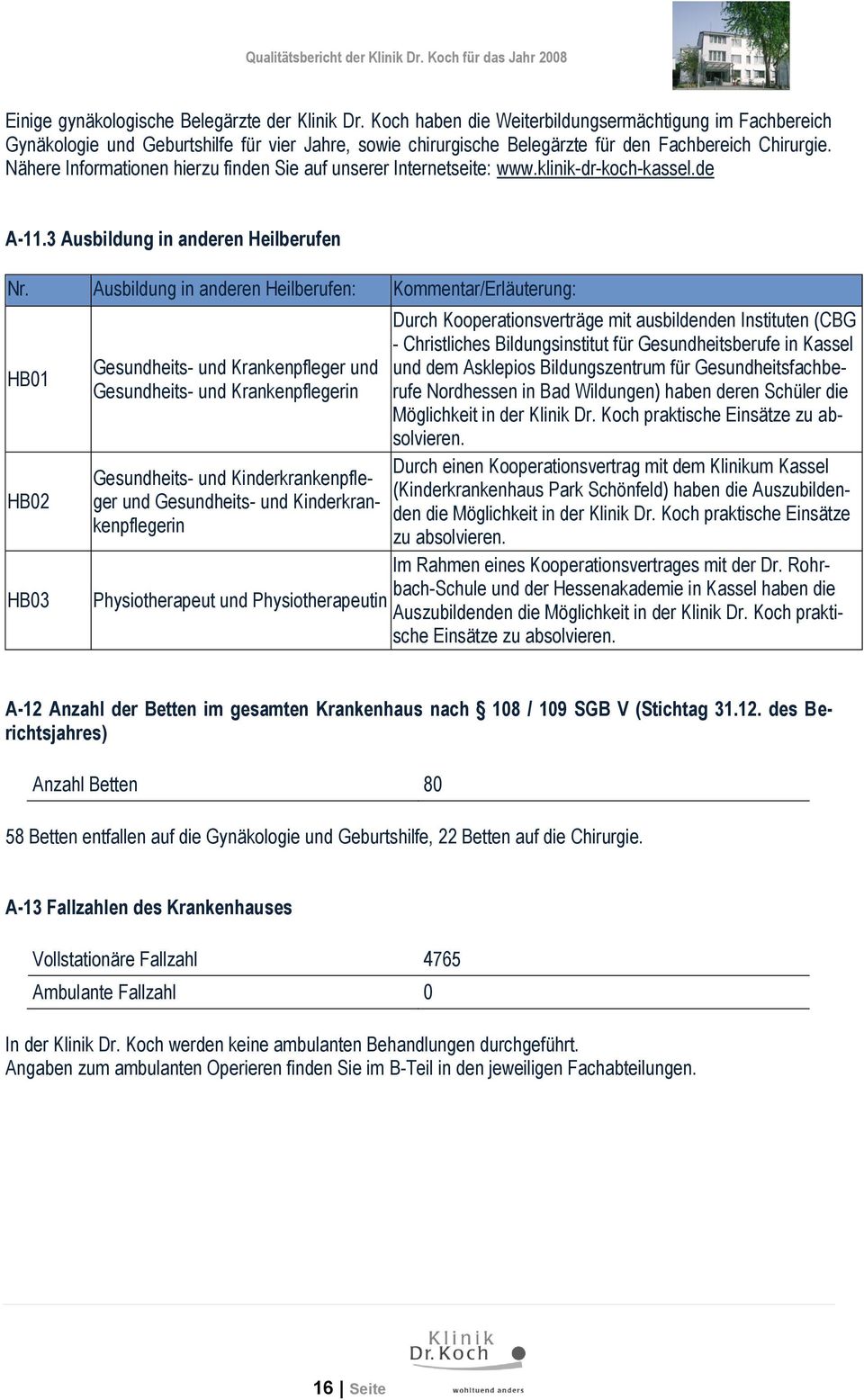 Nähere Informationen hierzu finden Sie auf unserer Internetseite: www.klinik-dr-koch-kassel.de A-11.3 Ausbildung in anderen Heilberufen Nr.