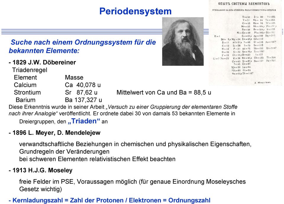Gruppierung der elementaren Stoffe nach ihrer Analogie veröffentlicht. Er ordnete dabei 30 von damals 53 bekannten Elemente in Dreiergruppen, den Triaden an - 1896 L. Meyer, D.