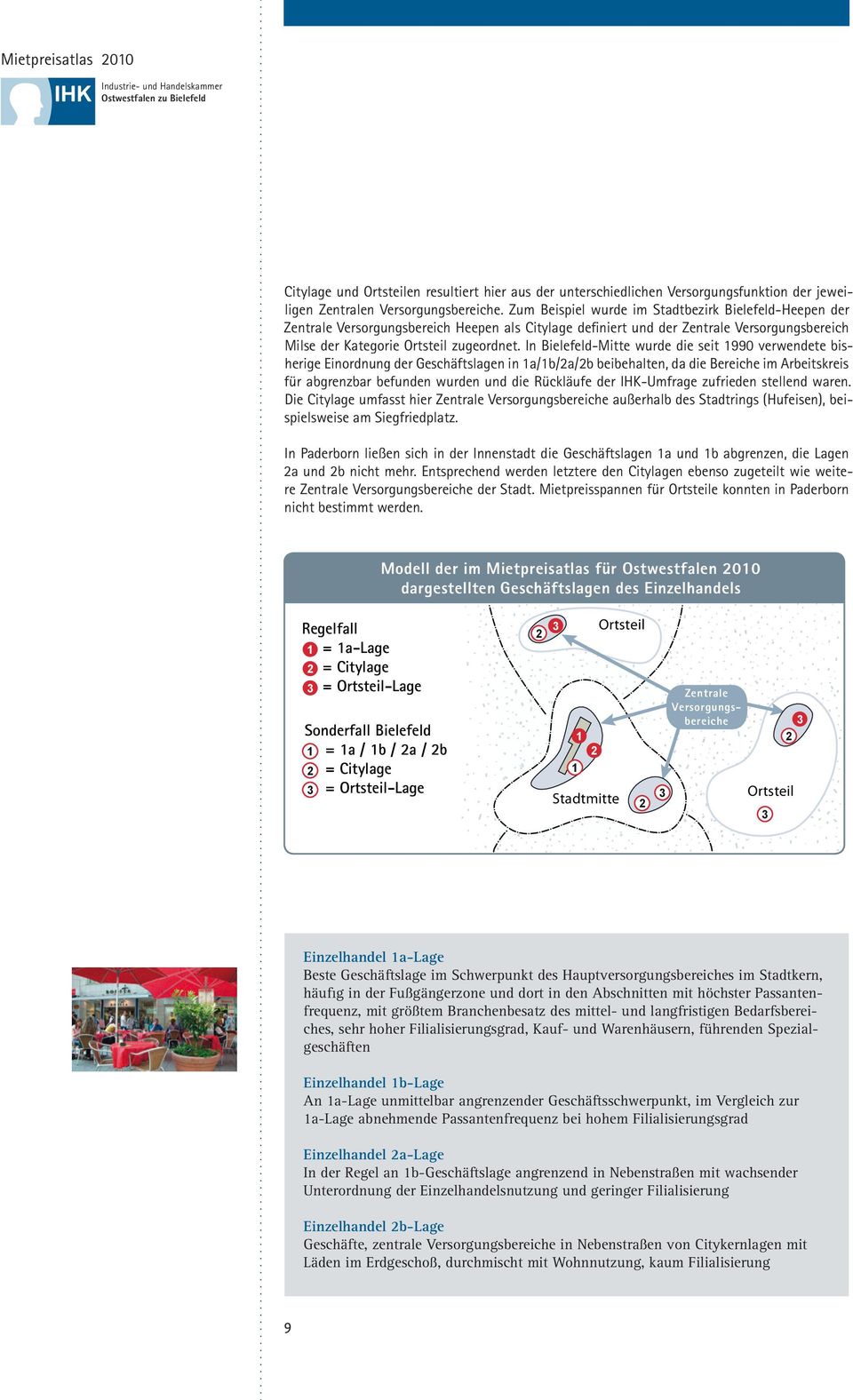 In Bielefeld-Mitte wurde die seit 1990 verwendete bisherige einordnung der Geschäftslagen in 1a/1b/2a/2b beibehalten, da die Bereiche im arbeitskreis für abgrenzbar befunden wurden und die rückläufe