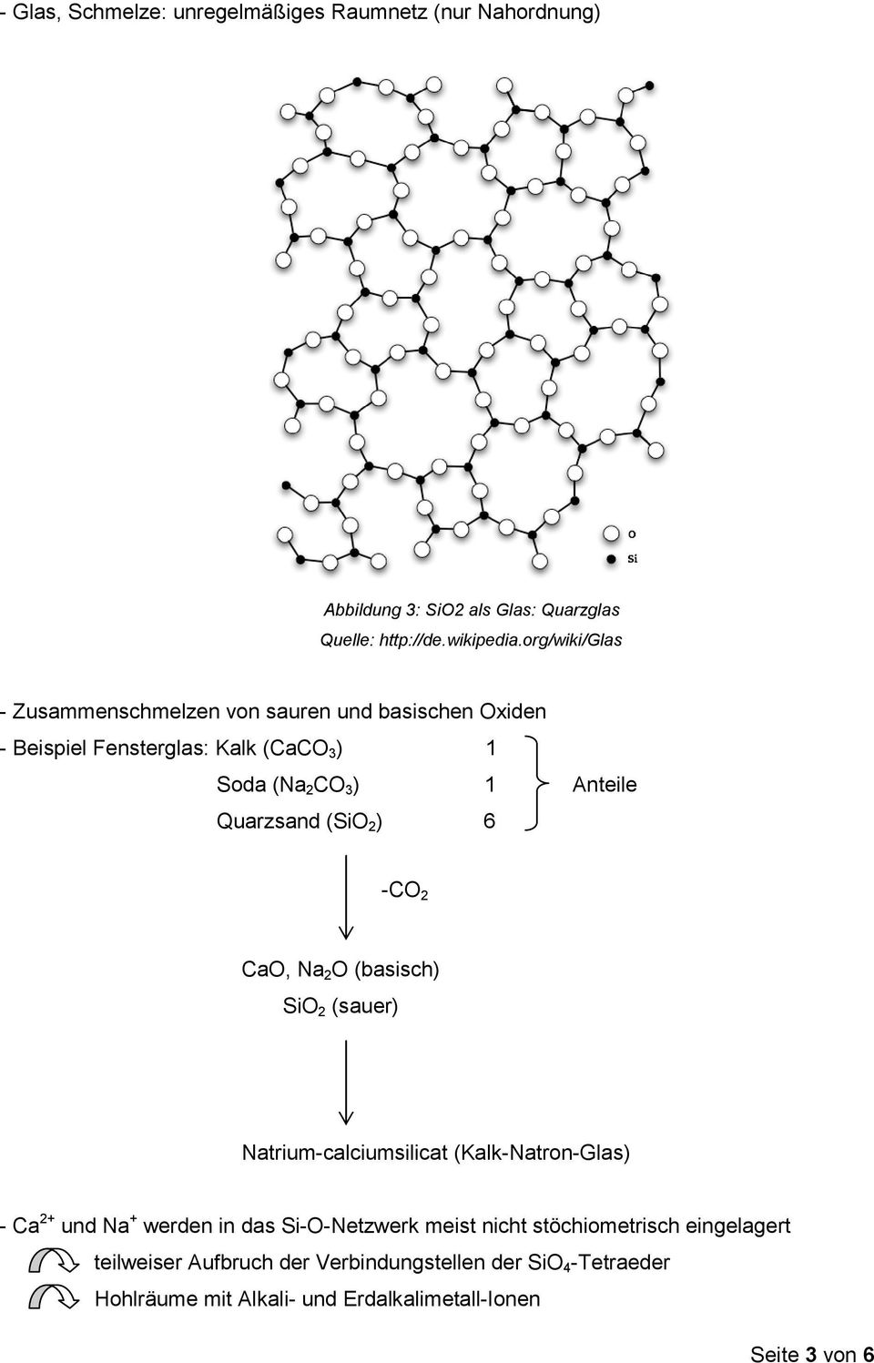 Quarzsand (SiO 2 ) 6 -CO 2 CaO, Na 2 O (basisch) SiO 2 (sauer) Natrium-calciumsilicat (Kalk-Natron-Glas) - Ca 2+ und Na + werden in das