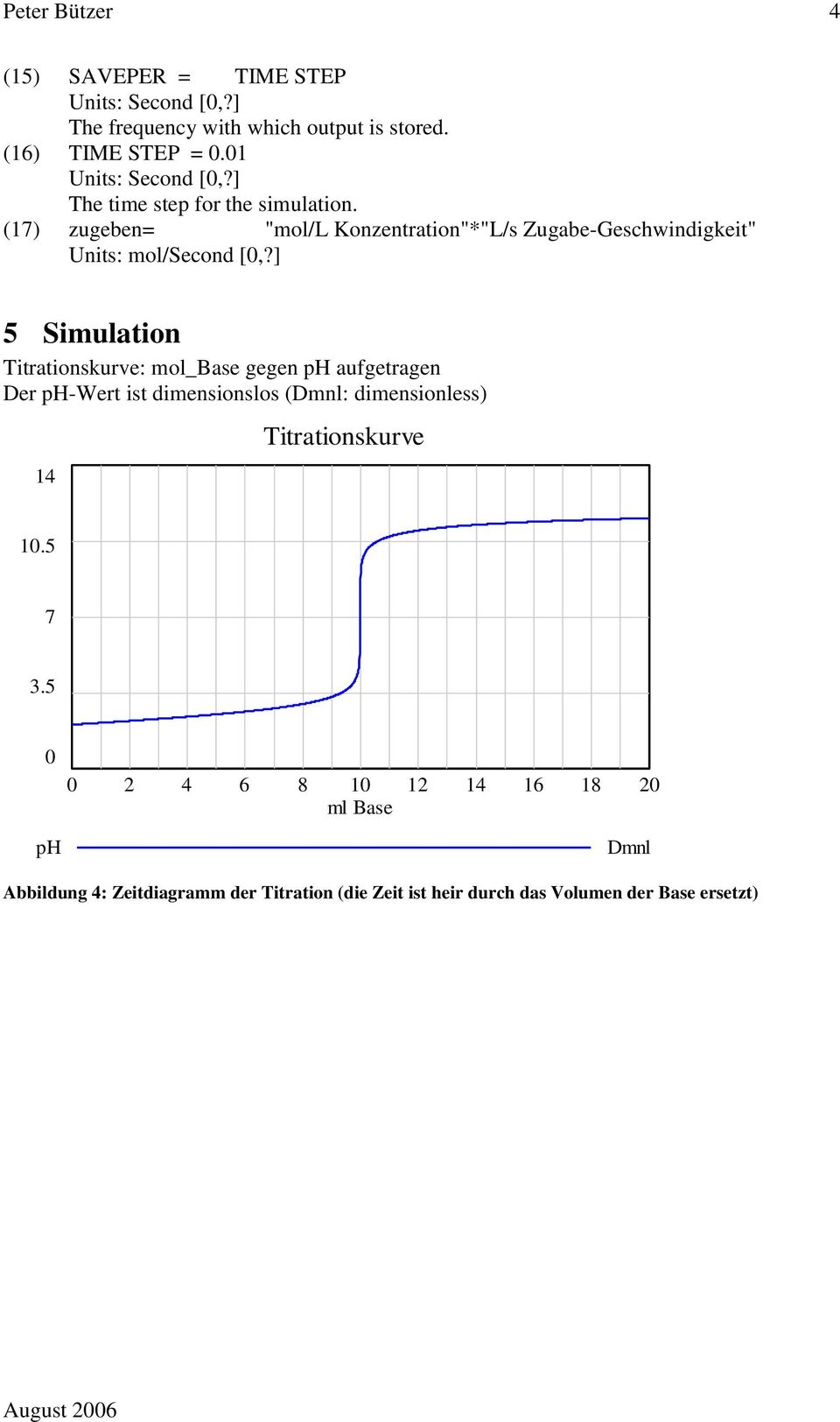 ] 5 Simulation Titrationskurve: mol_base gegen ph aufgetragen Der ph-wert ist dimensionslos (Dmnl: dimensionless) 14 Titrationskurve