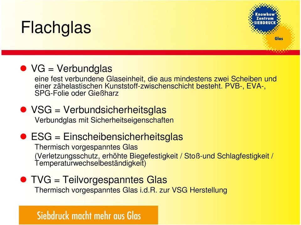 PVB-, EVA-, SPG-Folie oder Gießharz VSG = Verbundsicherheitsglas Verbundglas mit Sicherheitseigenschaften ESG =