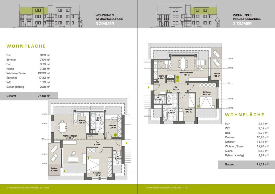m² 17,33 m² 1,70 m² 2,28 m² 74,08 m² Balkon (anteilig) 8,63 m²