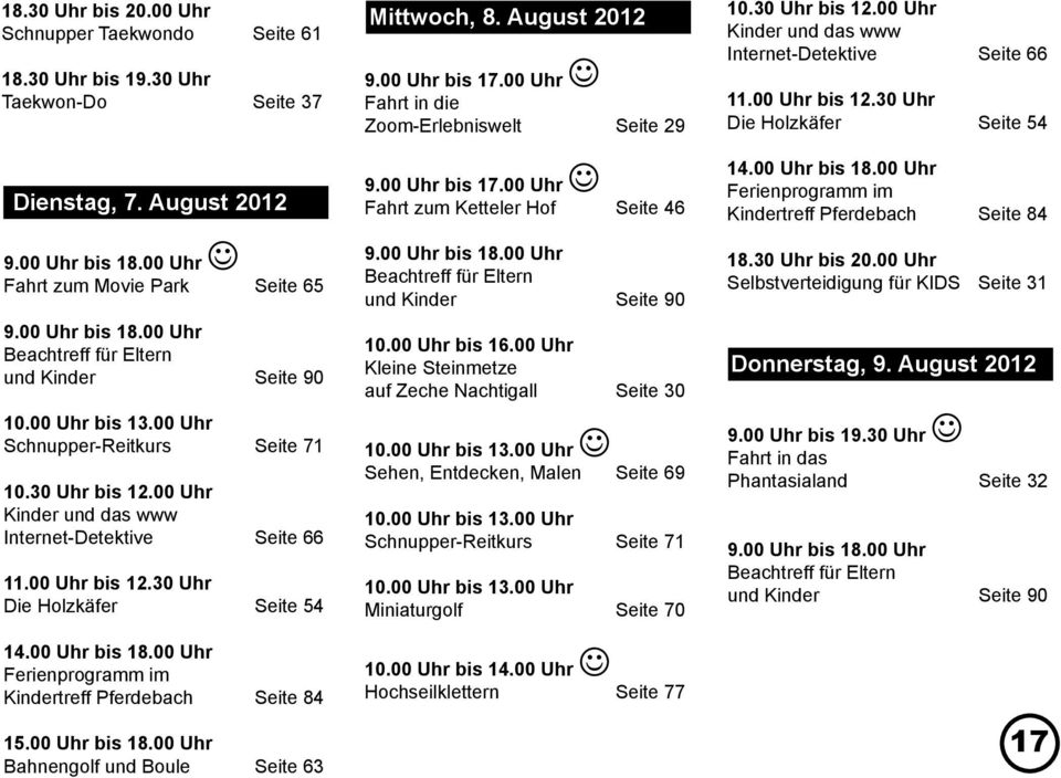 00 Uhr bis 17.00 Uhr Fahrt in die Zoom-Erlebniswelt Seite 29 9.00 Uhr bis 17.00 Uhr Fahrt zum Ketteler Hof Seite 46 10.00 Uhr bis 16.